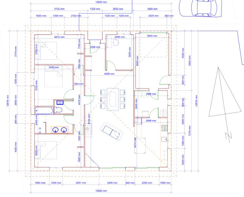Plan plain-pied carré 124m²+garage